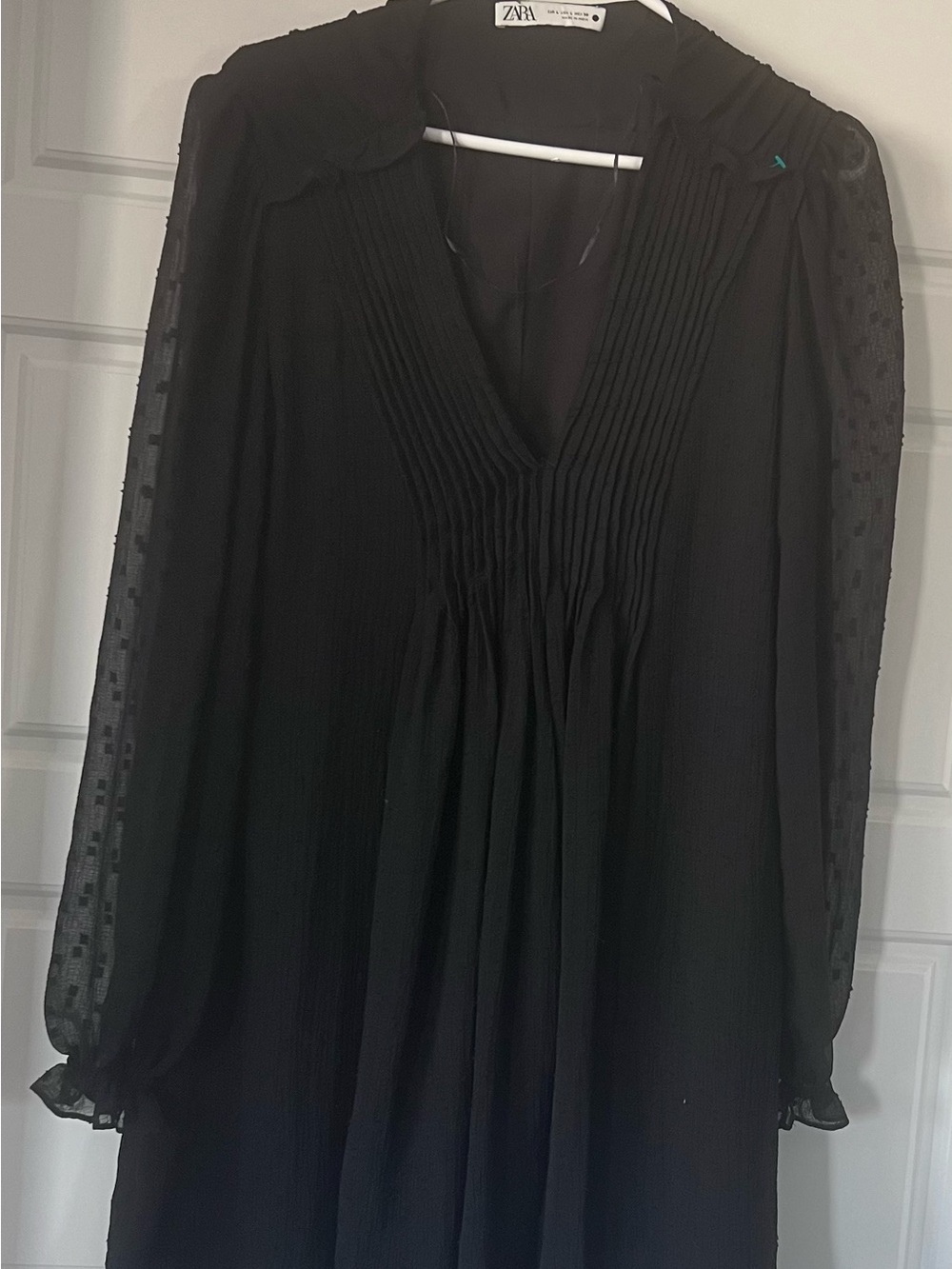 Zara Black Pintuck V-Neck Tunic with Sheer Dot Sleeves